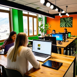 **Vibrant coworking space in Quito:** Modern, inspiring coworking space in Quito, Ecuador. Focus on a diverse group of people working collaboratively. Incorporate laptops, plants, and natural light. Social impact theme.