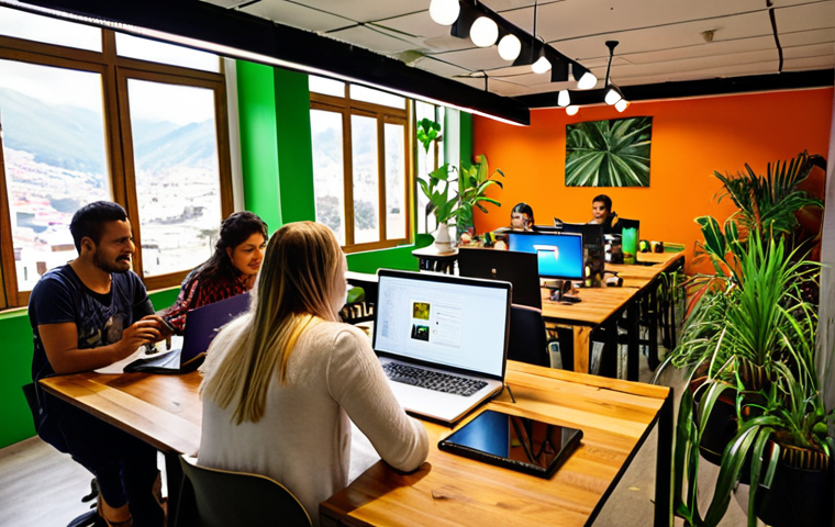 **Vibrant coworking space in Quito:** Modern, inspiring coworking space in Quito, Ecuador. Focus on a diverse group of people working collaboratively. Incorporate laptops, plants, and natural light. Social impact theme.